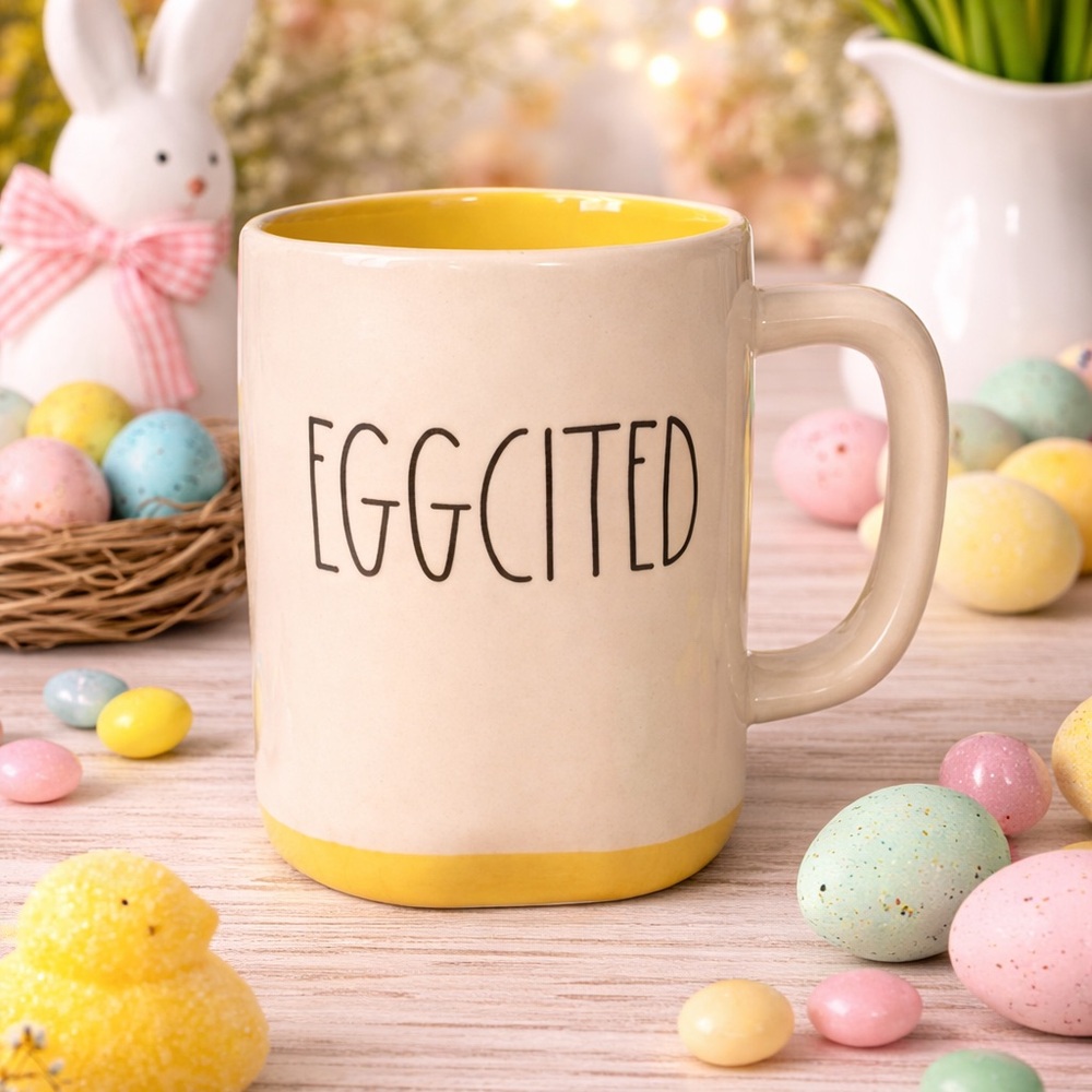 Rae Dunn EGGCITED Mug